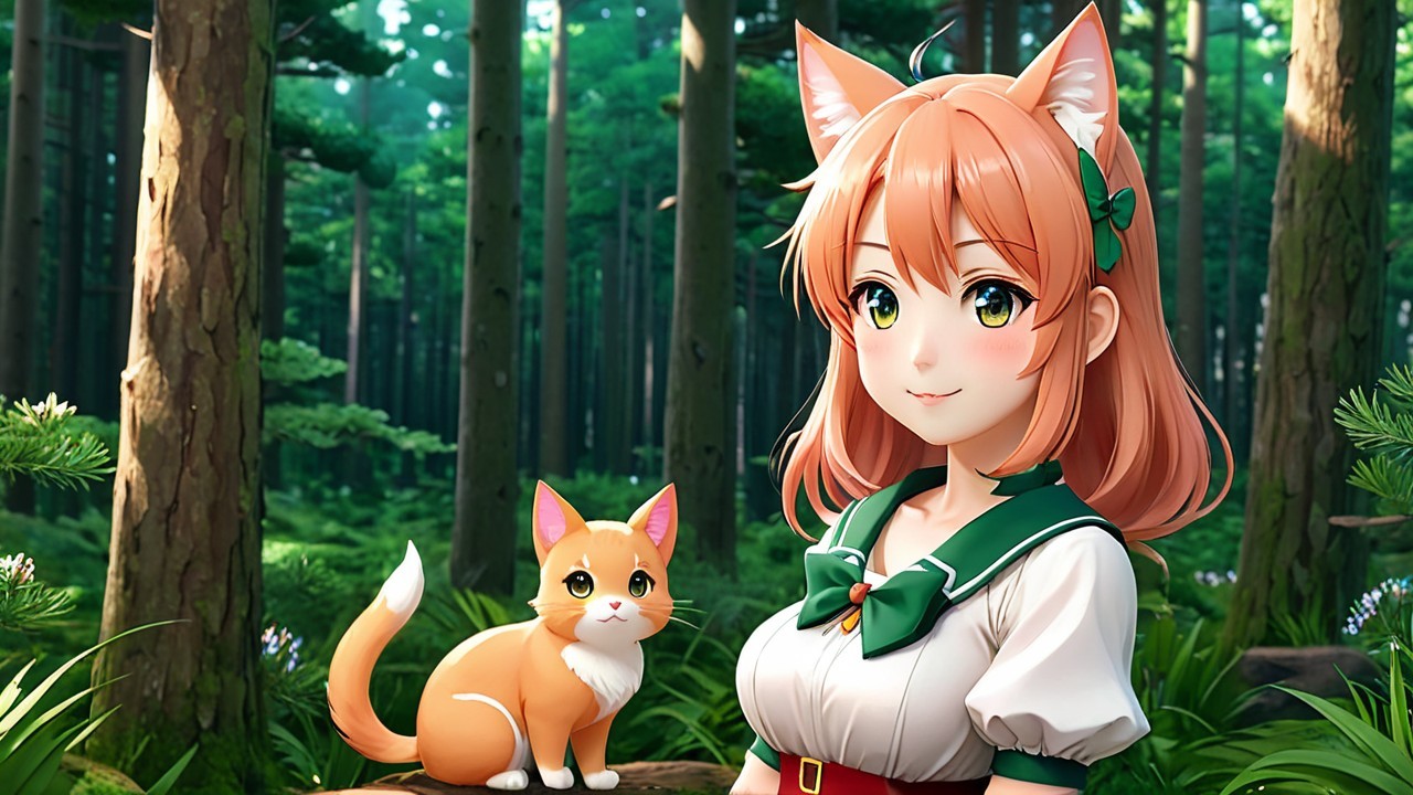 Girl with Orange Hair and Cat Ears in Forest Setting