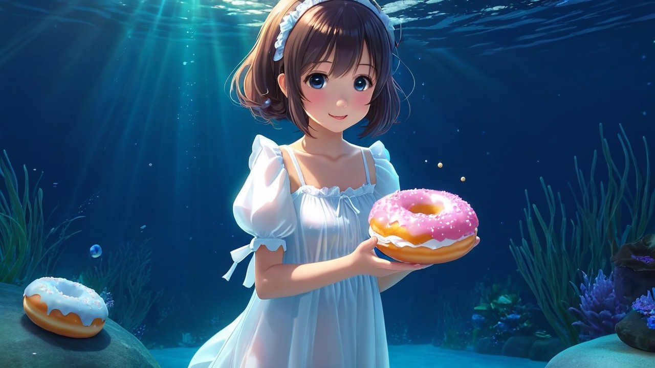 Young girl underwater with donuts and vibrant plants