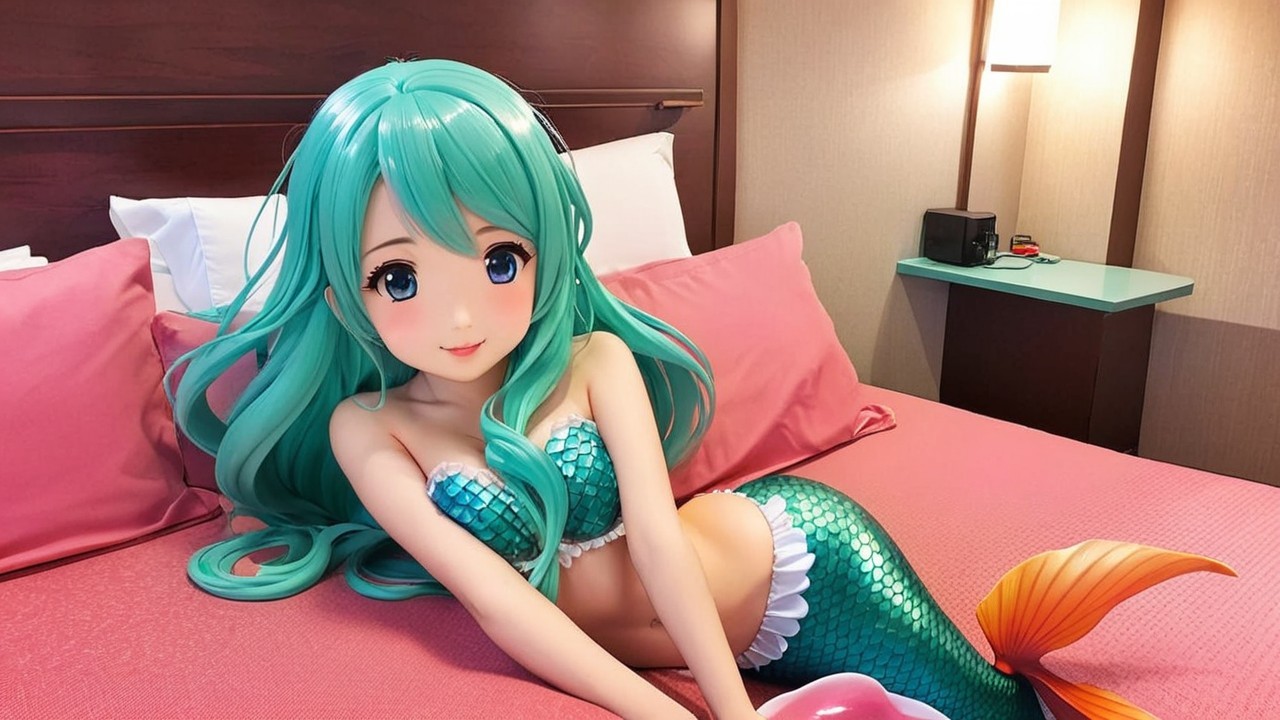 Lifelike anime-style mermaid figure on pink bedding