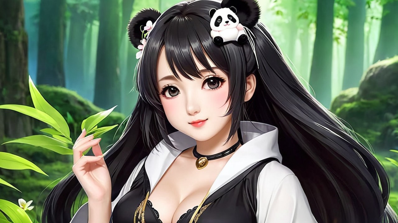 Young woman with panda accessories in forest setting