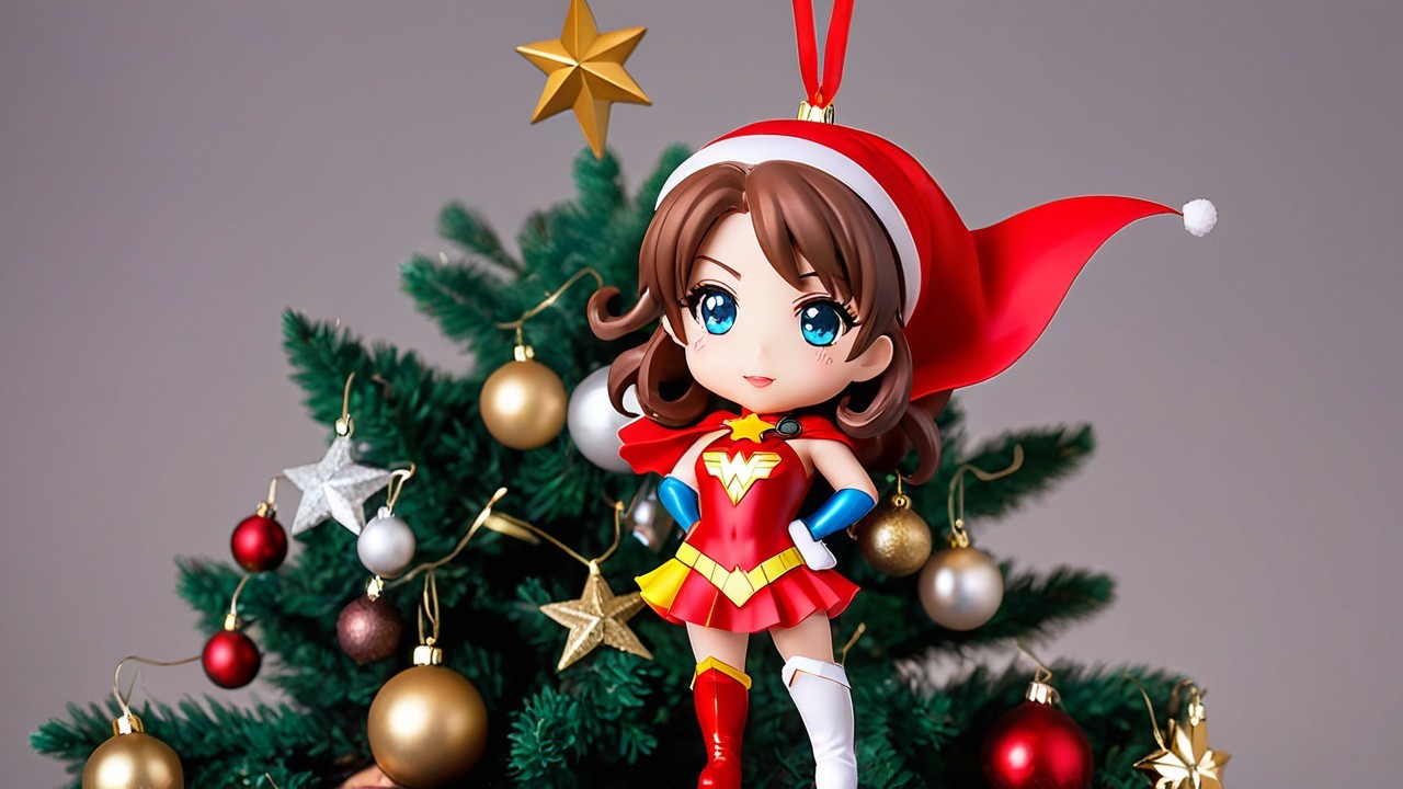 Whimsical Holiday Scene with Chibi Superheroine