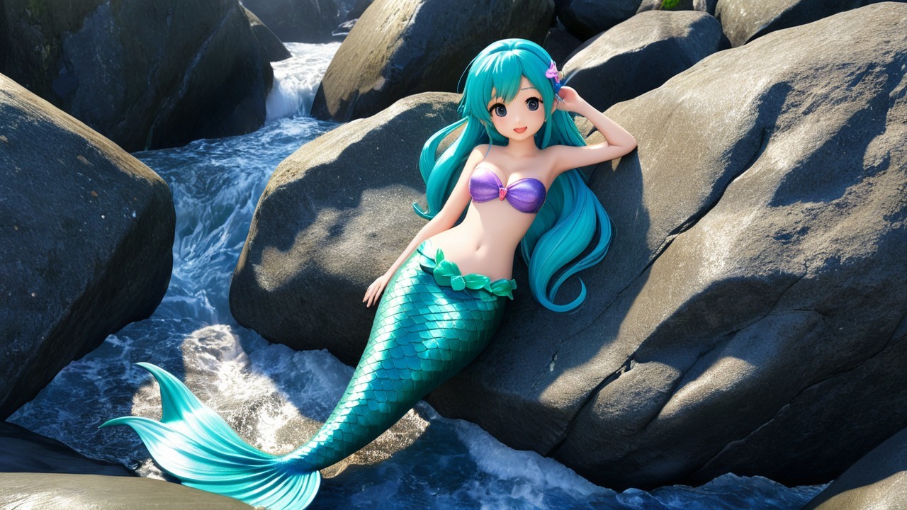 Vibrant Mermaid on Rocky Shoreline with Seascape