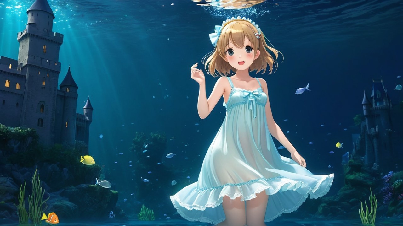 Underwater Scene with Girl, Fish, and Castle