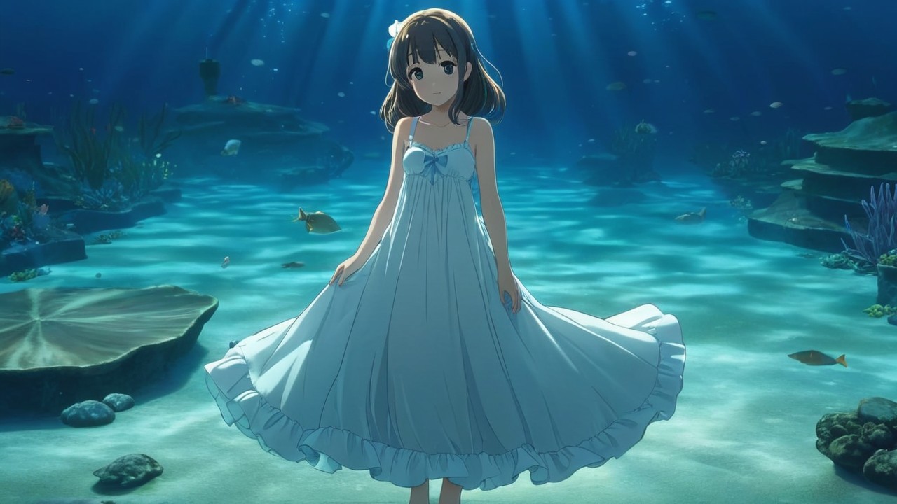 Young girl in light blue dress underwater with marine life