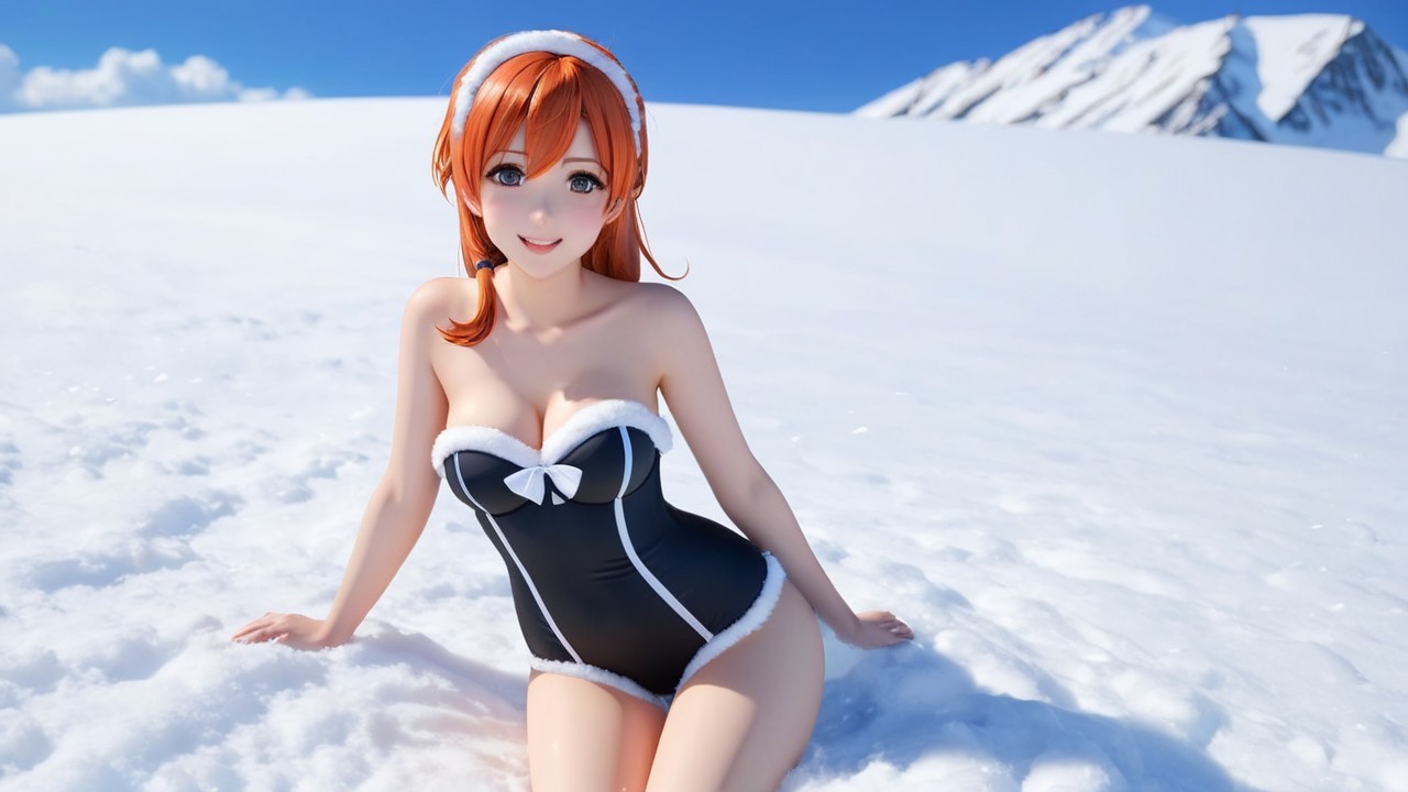 Character in Swimsuit Amid Snowy Mountain Landscape