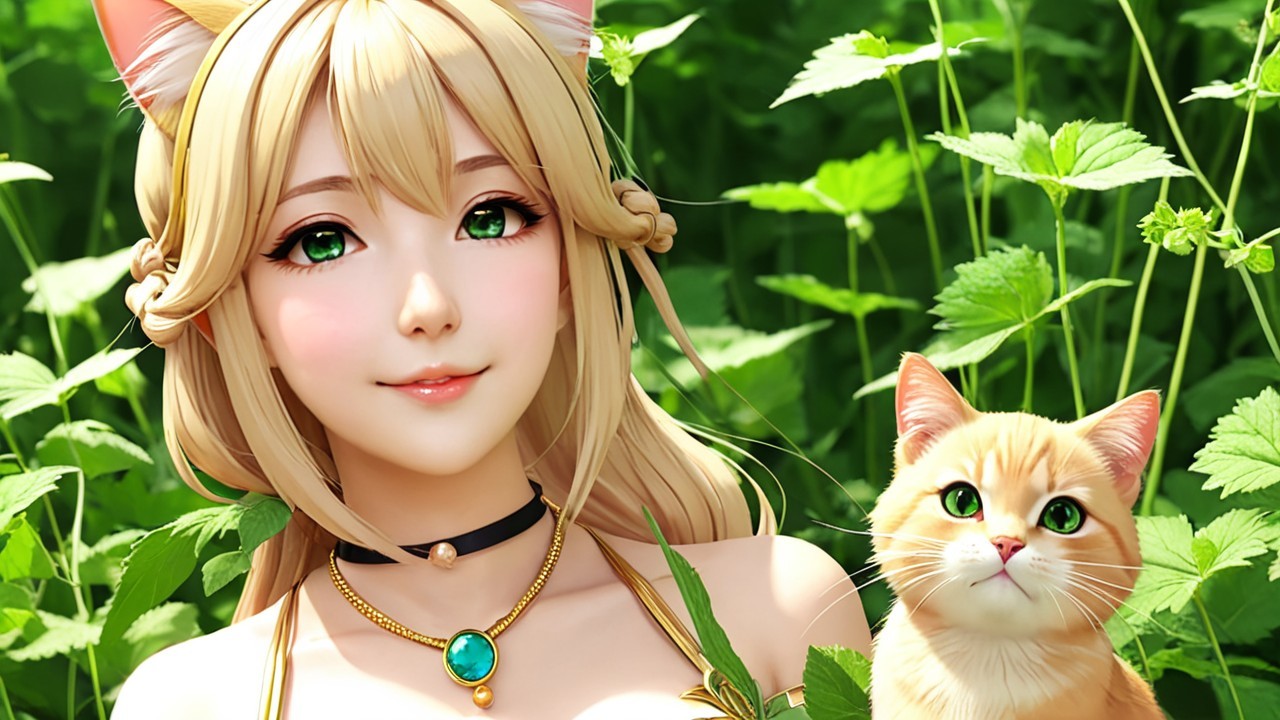 Young woman with cat-like features in green foliage