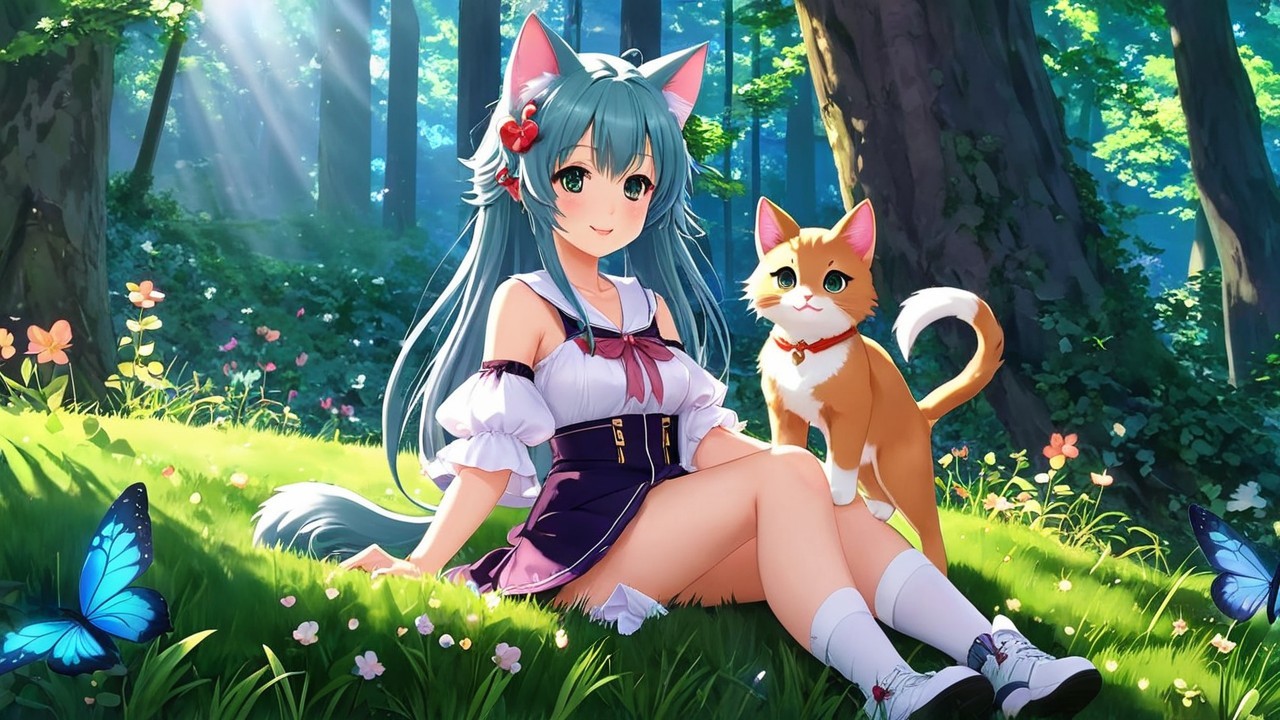 Cheerful girl with cat ears in a sunlit forest scene