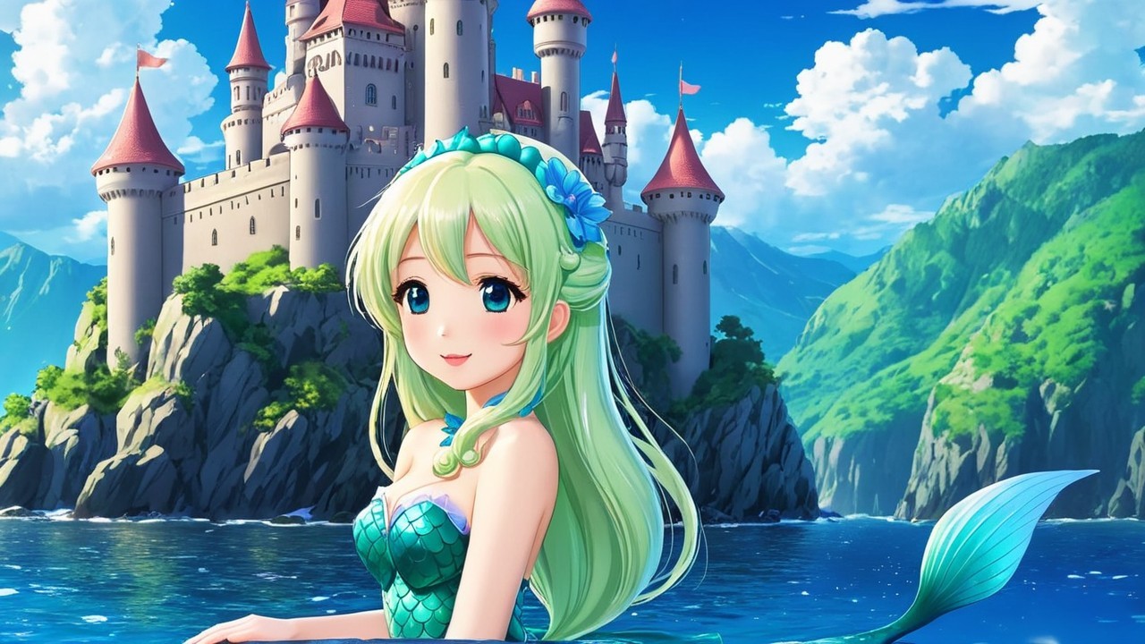 Mermaid with Green Hair by Castle and Mountains