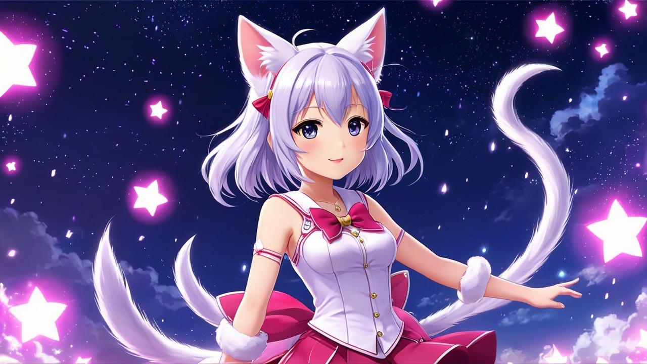 Anime Character with Cat Ears in Starry Sky