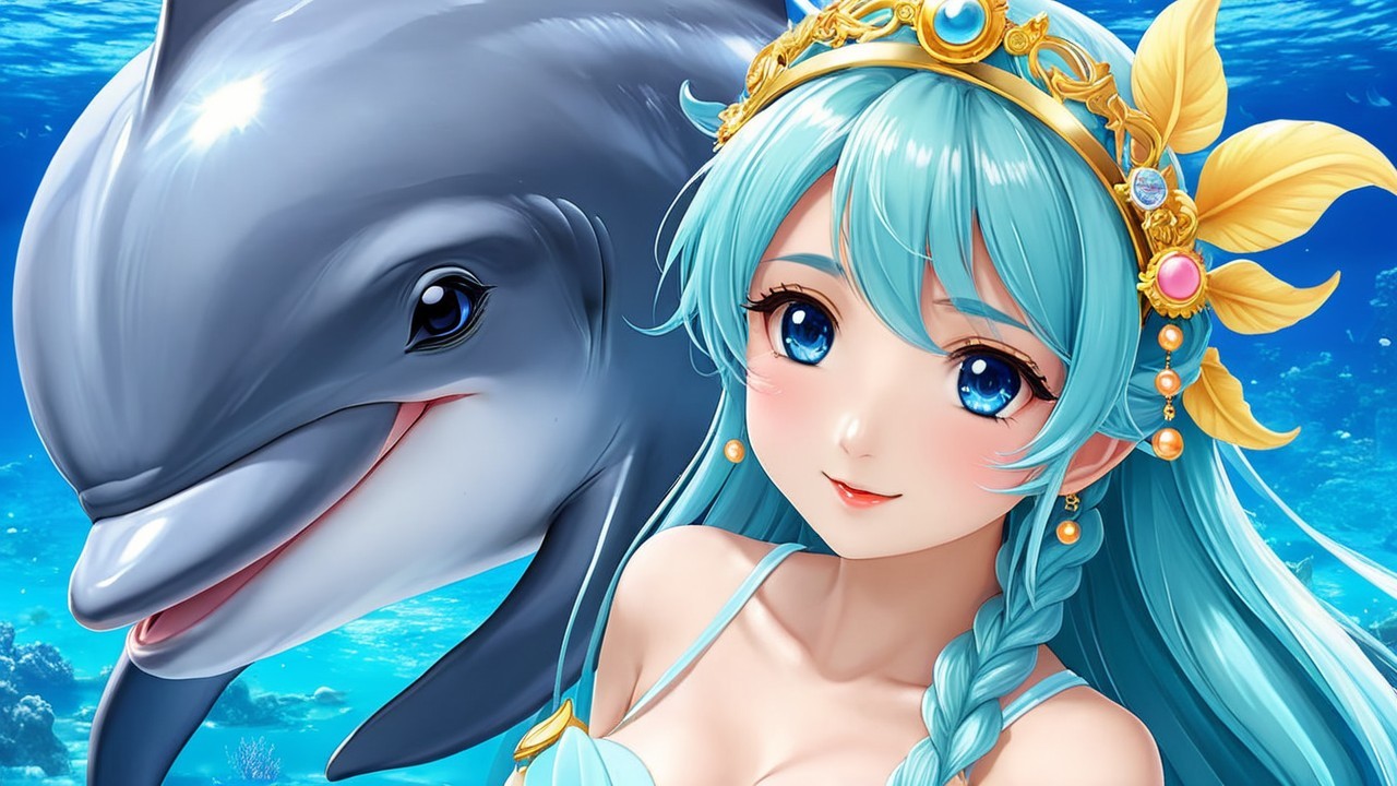 Vibrant Underwater Scene with Dolphin and Woman