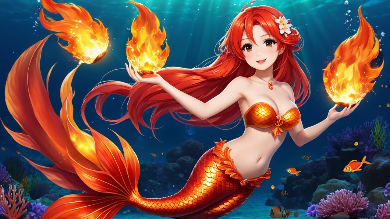 Vibrant Underwater Scene with Mermaid and Fire
