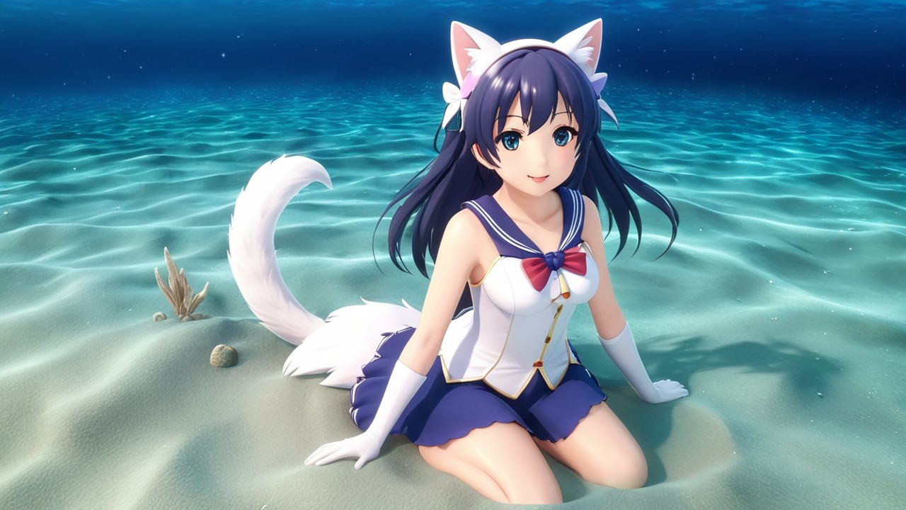 Anime Girl with Cat Ears in Underwater Scene
