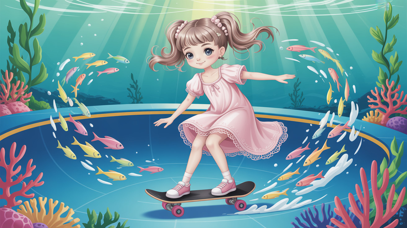 Anime-style girl skateboarding in underwater scene