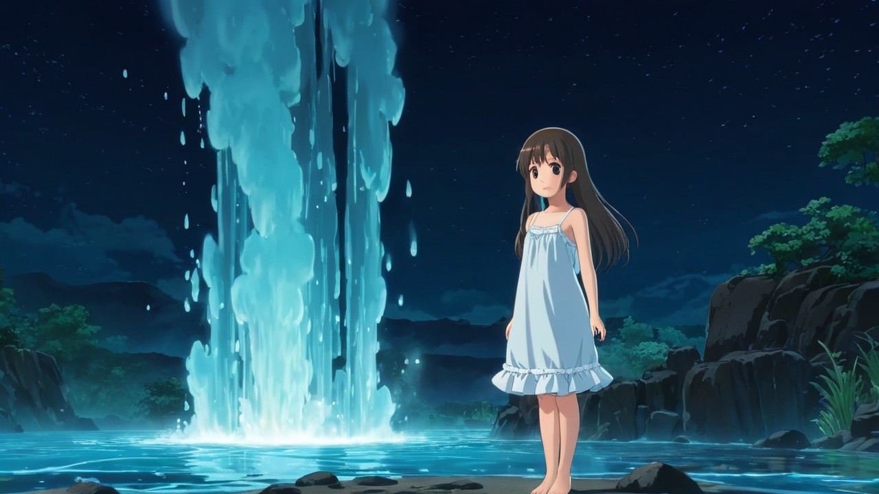 Young girl by waterfall under starry night sky