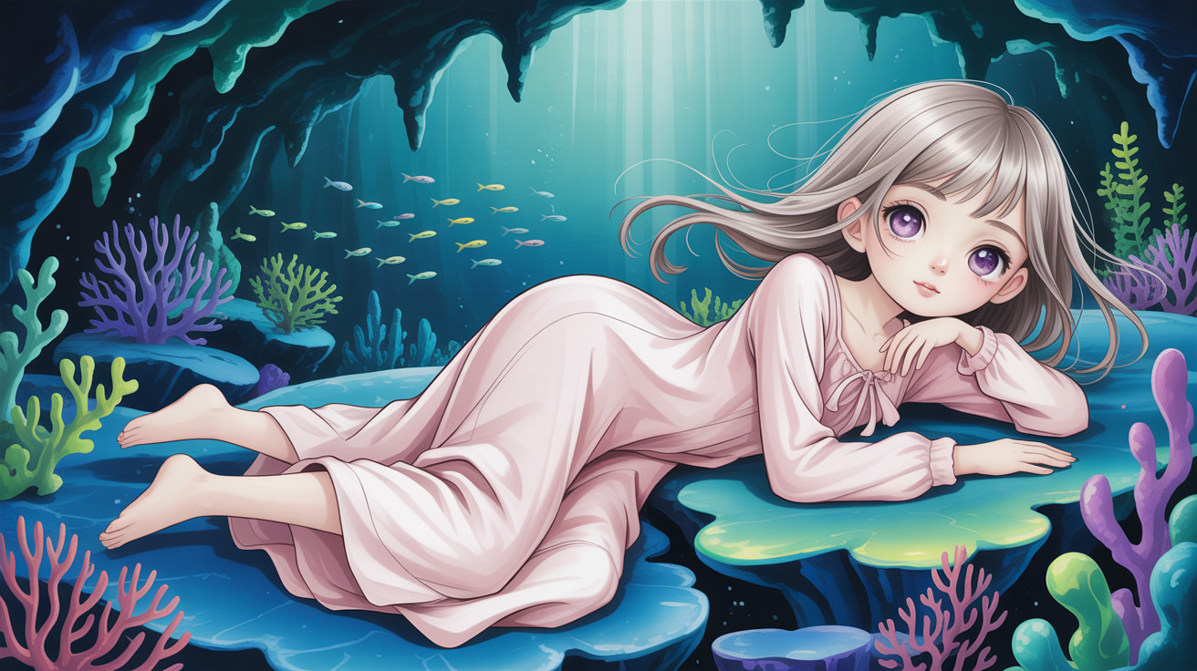 Anime-style digital painting of a girl underwater