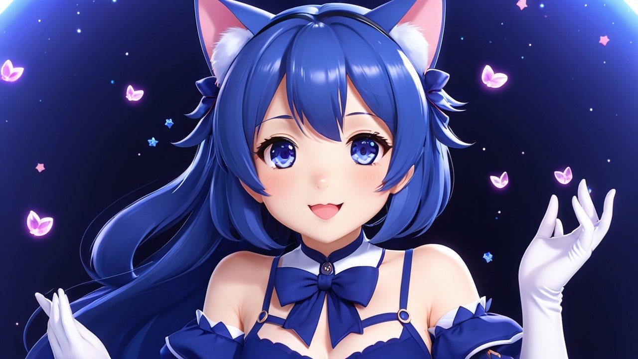 Cute anime character with blue hair and cat ears