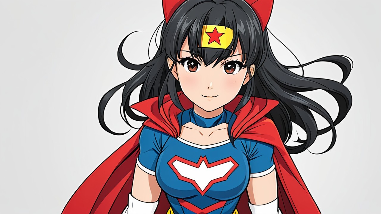 Young girl in vibrant superhero costume with cape