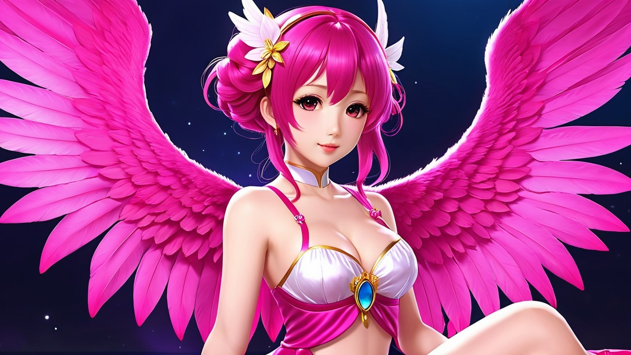 Fantastical character with pink hair and shimmering wings