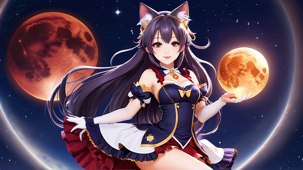 Character with Purple Hair and Cat Ears in Night Sky