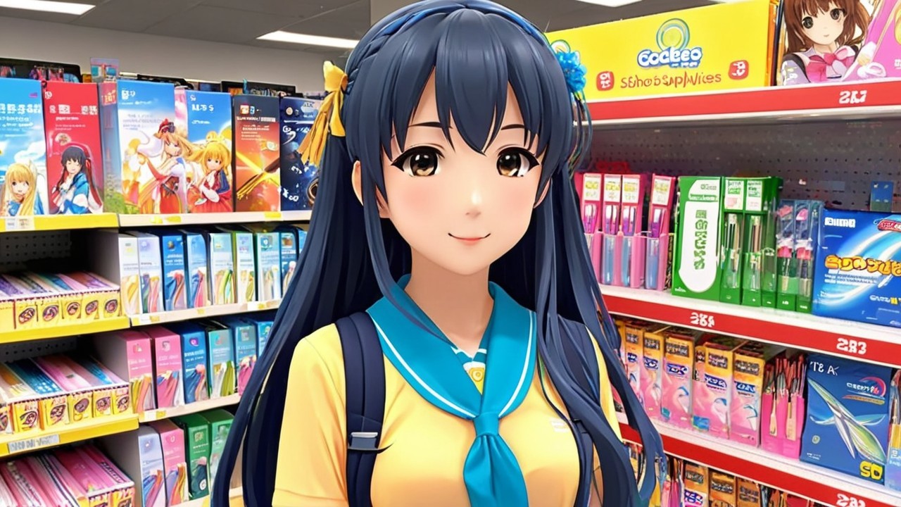 Young female character in colorful stationery store