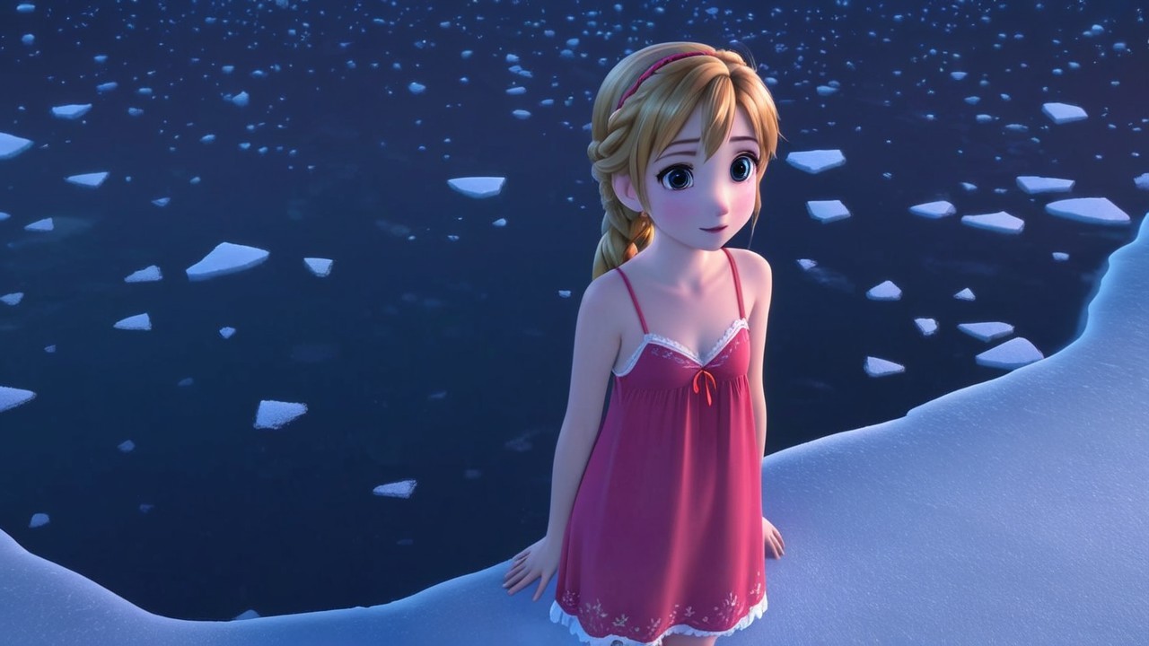 Young girl in pink dress on icy landscape edge