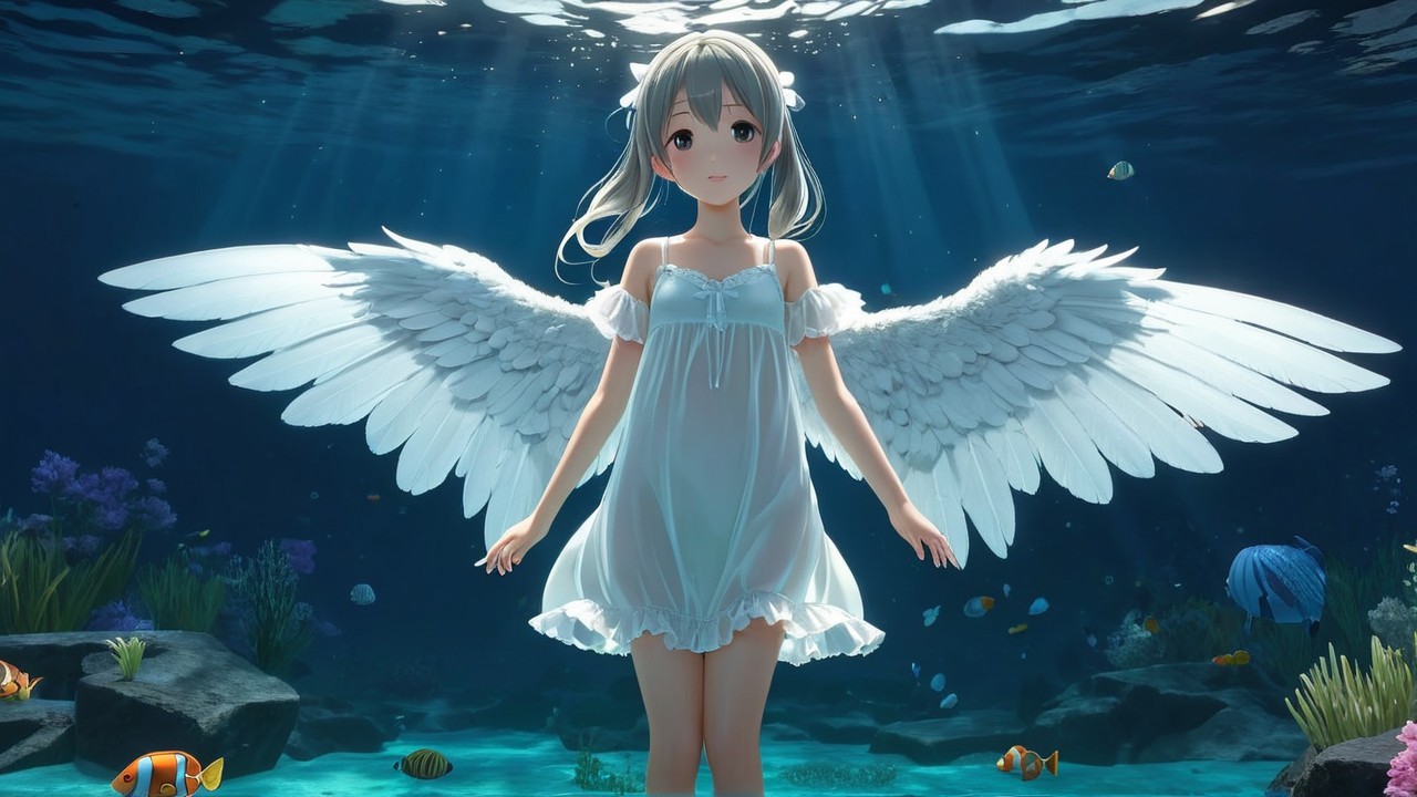 Underwater Scene with a Winged Girl in a White Dress