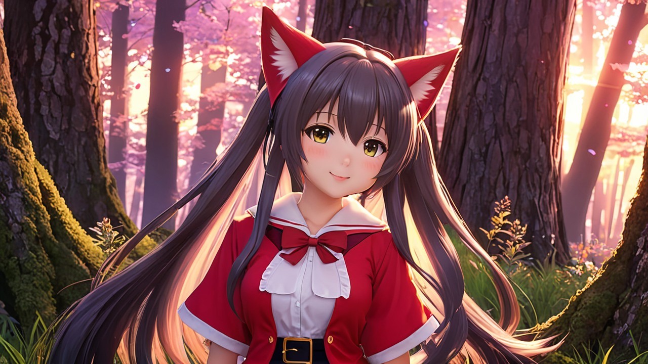 Cute anime character in a serene forest setting