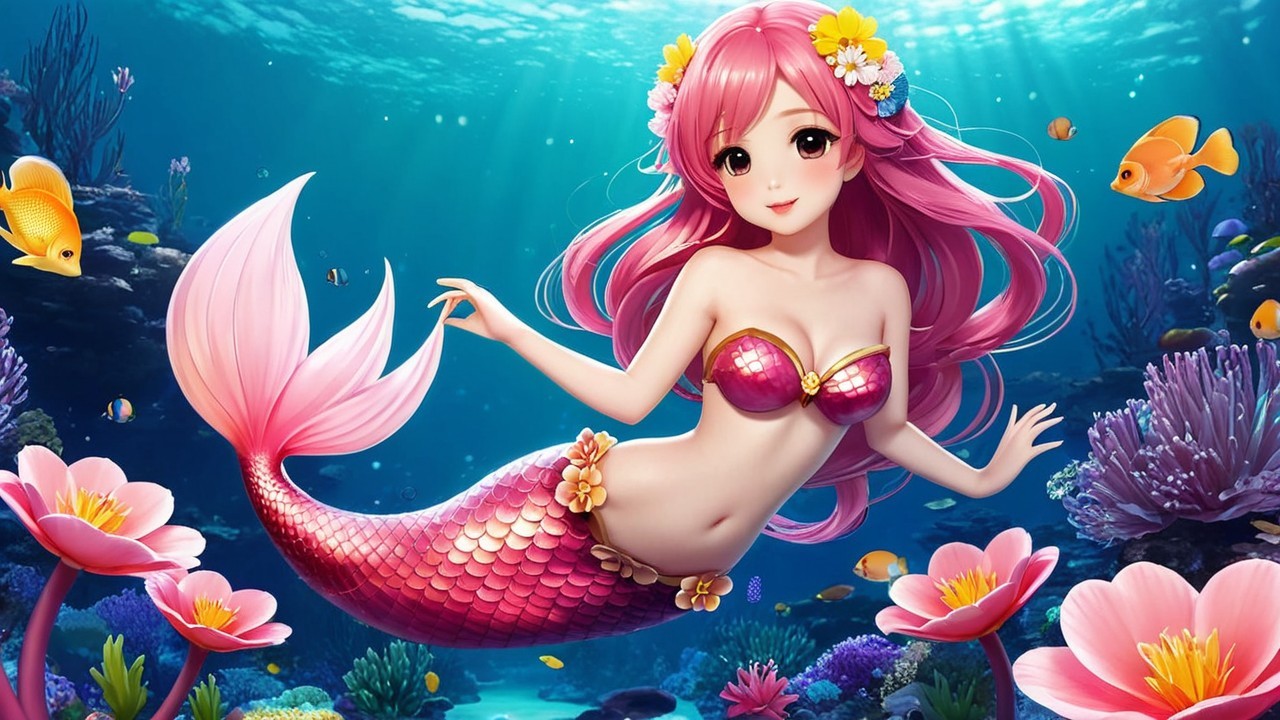Vibrant Underwater Scene with Mermaid and Coral