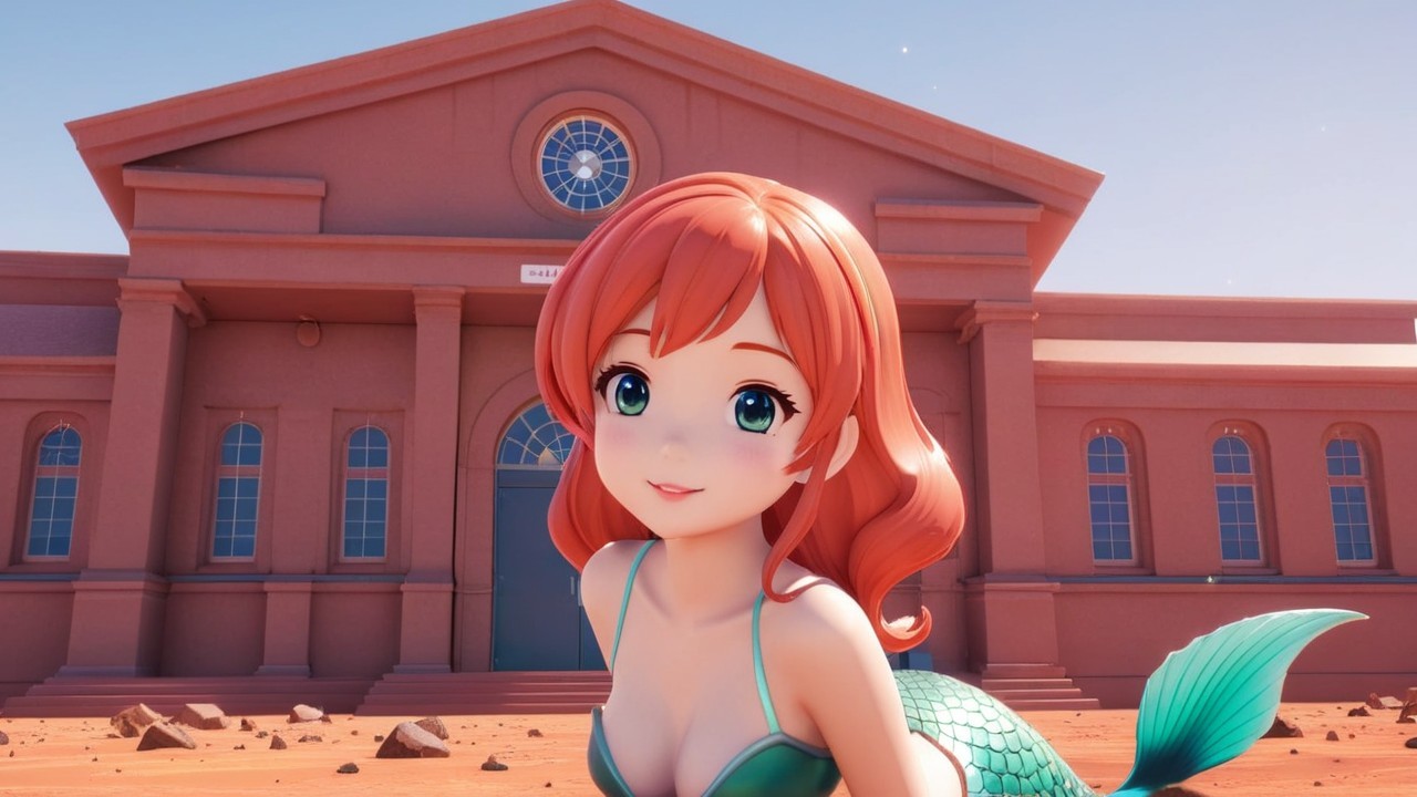 Cheerful Mermaid with Auburn Hair in Whimsical Scene