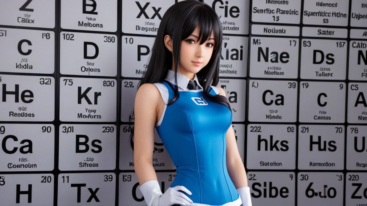 Character in Blue Outfit Against Periodic Table Backdrop