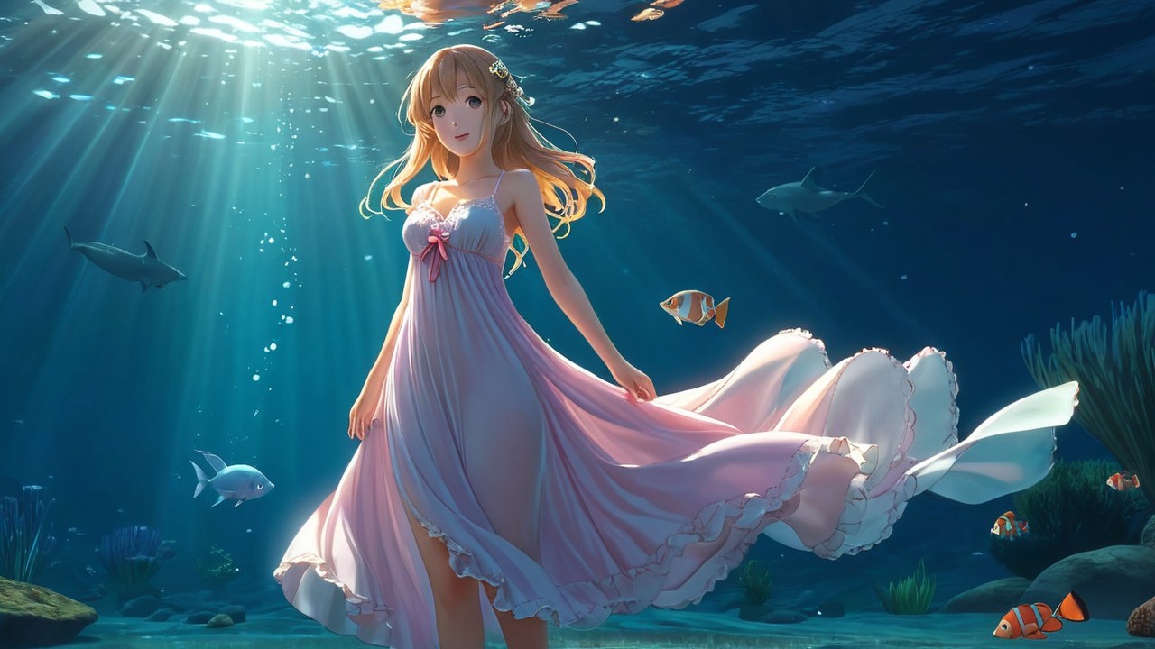 Underwater Scene with Girl in Pink Dress and Fish