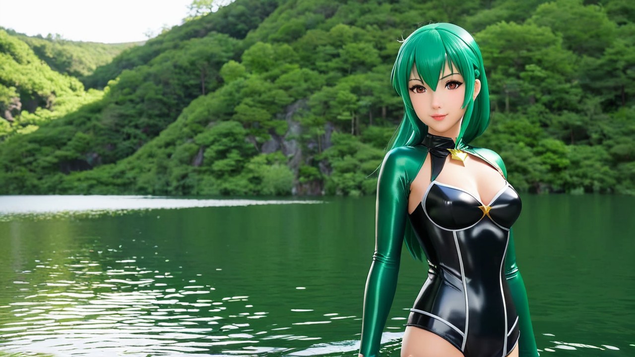Character by Serene Lake with Green Mountains