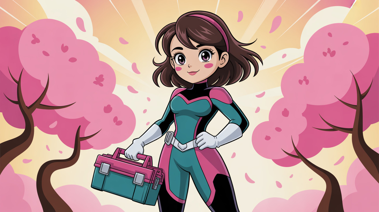 Anime-style supergirl under cherry blossom trees