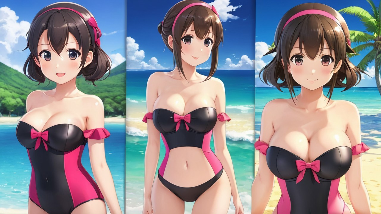 Character in Stylish Black and Pink Swimsuit at Beach