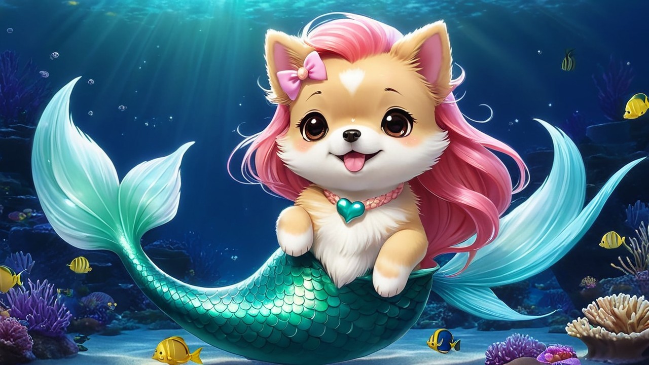 Cheerful Cartoon Mermaid Dog in Vibrant Underwater Scene