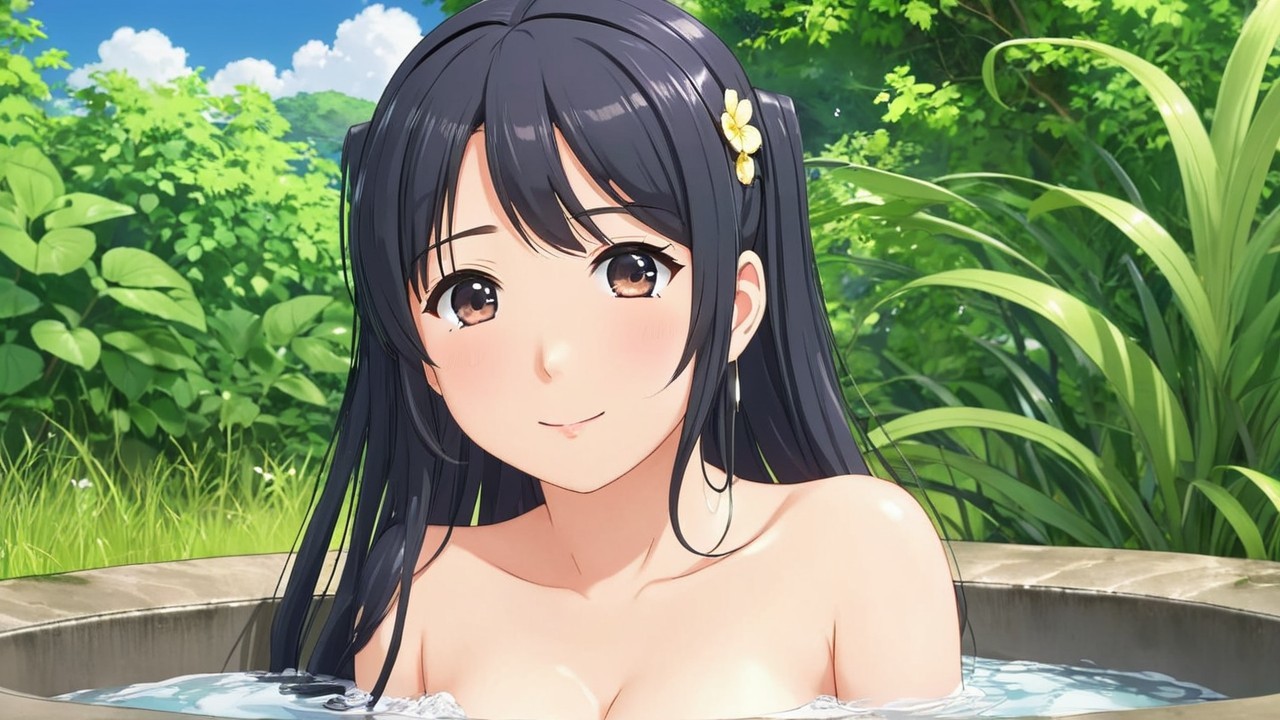 Charming Anime Goddess in Serene Bath Scene