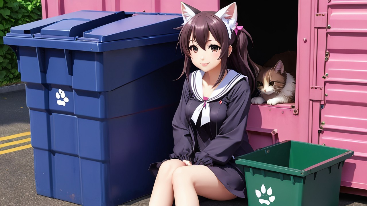 Girl with Cat Ears in School Uniform by Trash Bins
