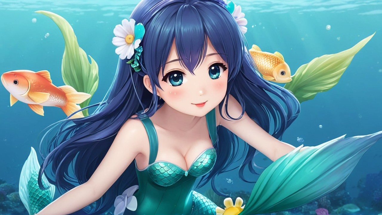 Cheerful mermaid in vibrant underwater scene with fish