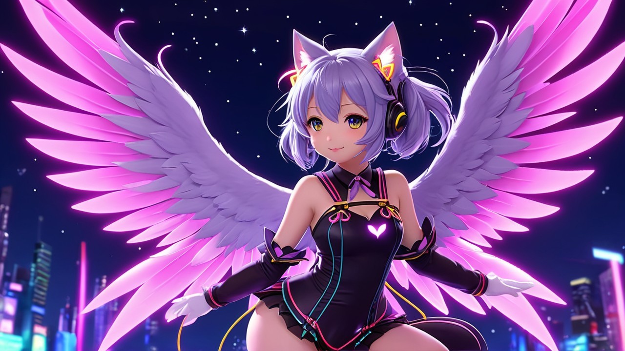 Character with Feline Ears and Wings in City Nightscape