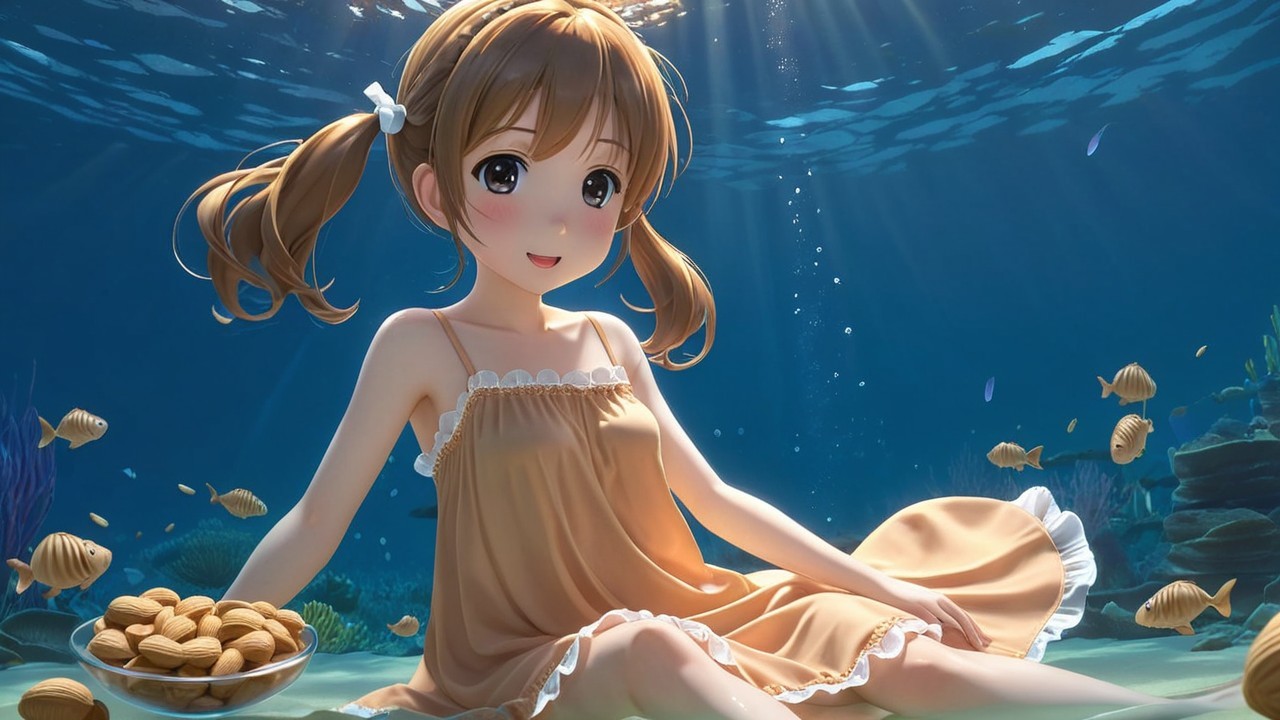 Underwater Scene with Cheerful Girl and Fish