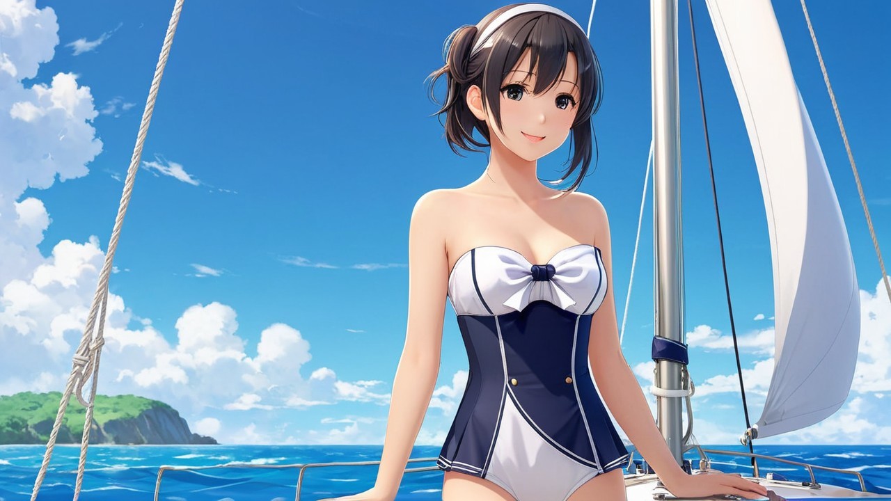 Young Woman on Sailboat in Summer Swimsuit Scene
