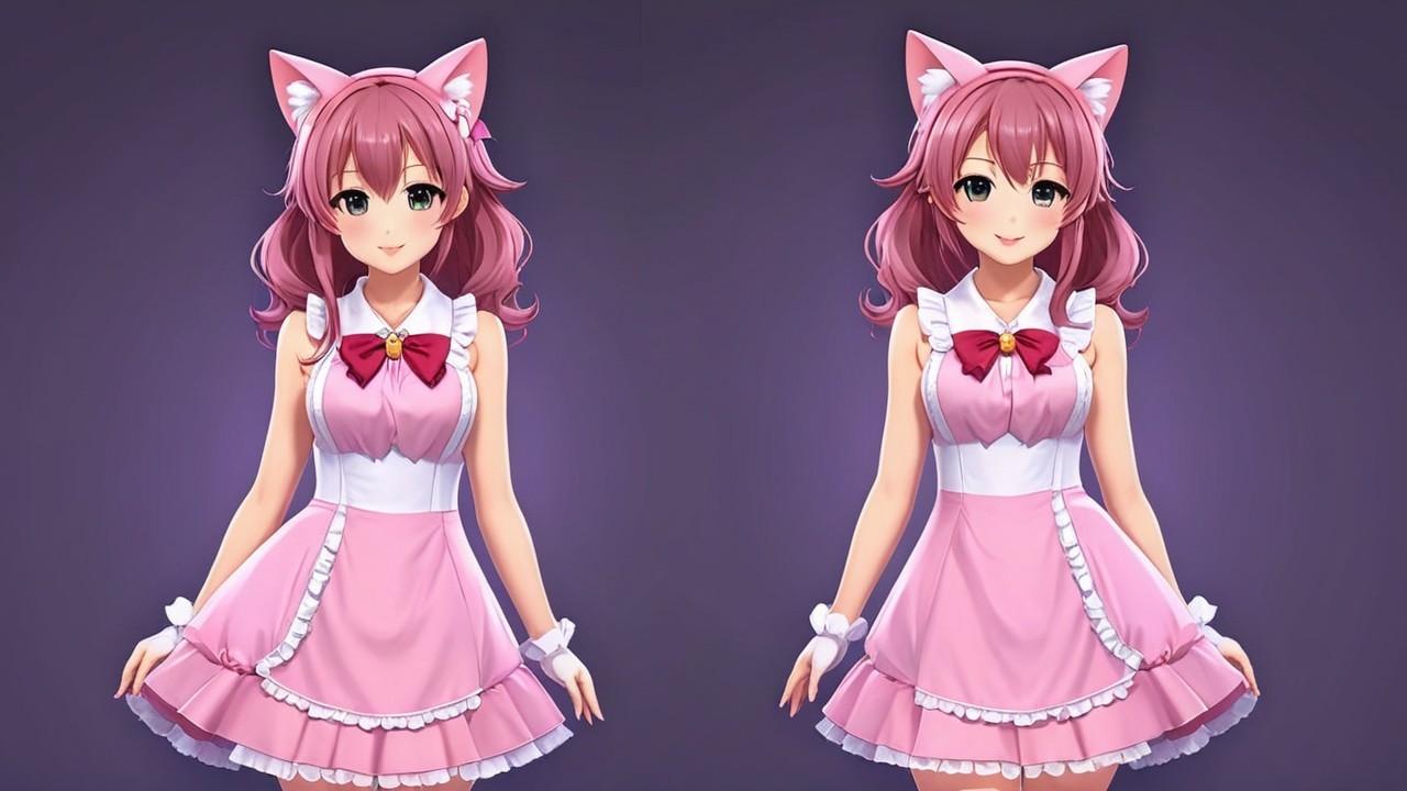 Cheerful animated character with pink hair and cat ears