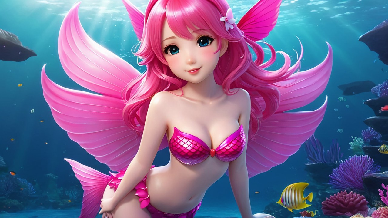 Vibrant Underwater Scene with Stylized Mermaid and Coral