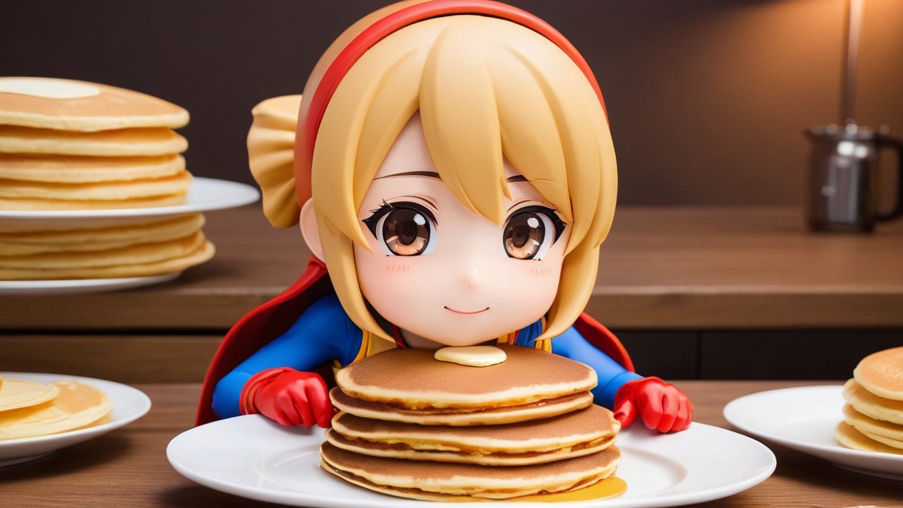 Cheerful Character with Pancakes in Cozy Kitchen