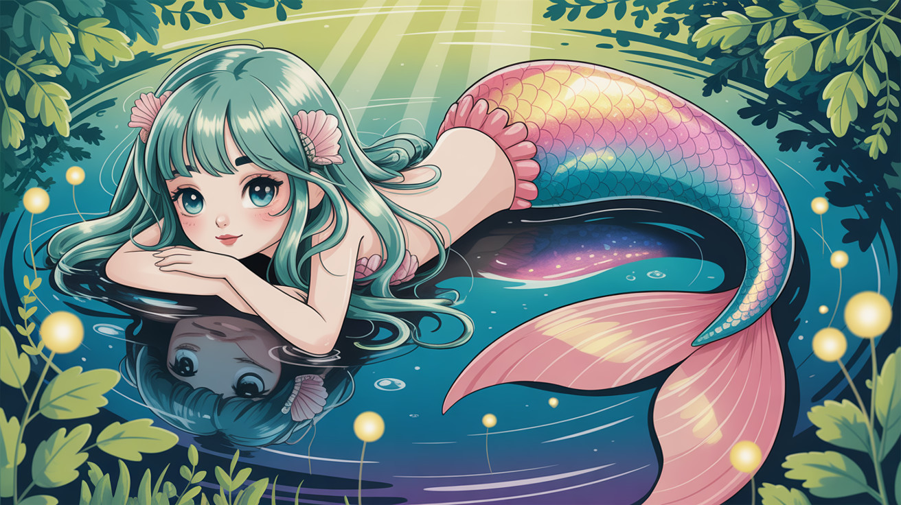 Anime-style mermaid with mint green hair in water