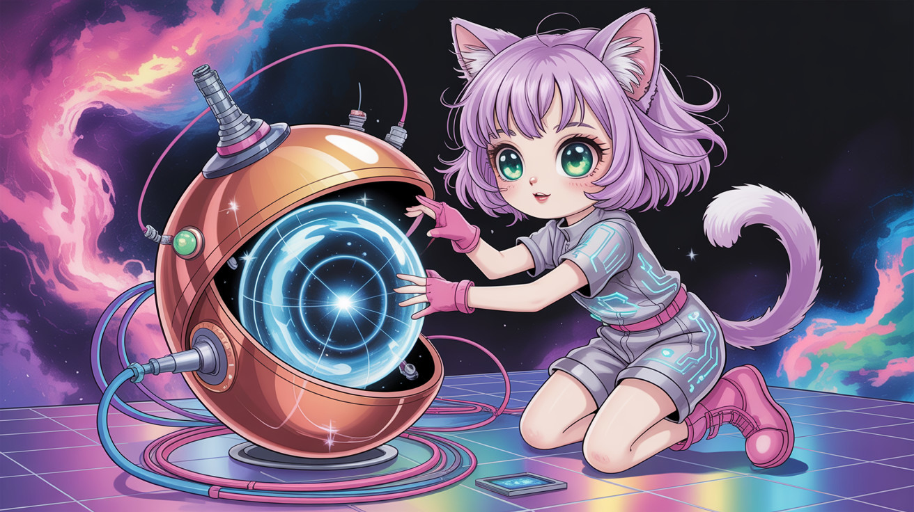Anime Illustration of a Cat-Girl with Futuristic Elements