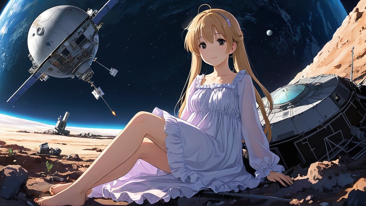 Young girl in nightgown on moon's surface with Earth