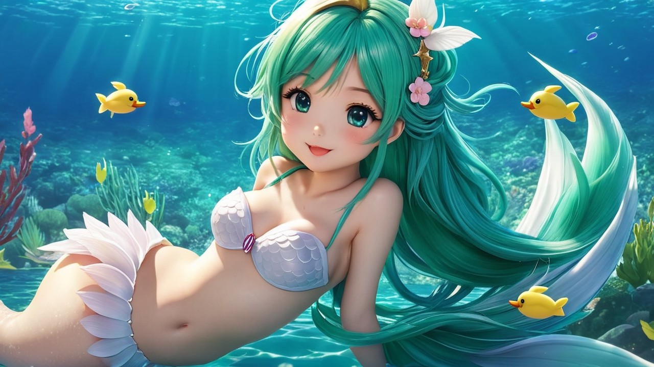Vibrant underwater scene with anime-style mermaid