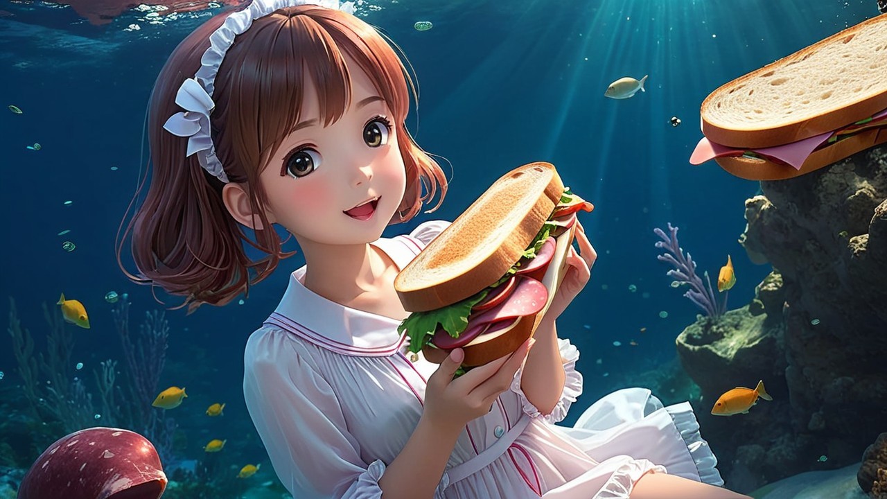 Young woman underwater with sandwiches and colorful fish