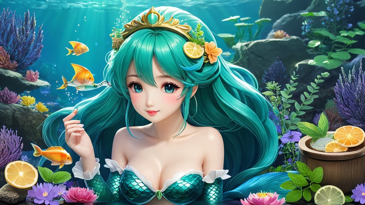 Vibrant Underwater Scene with Mermaid and Marine Life